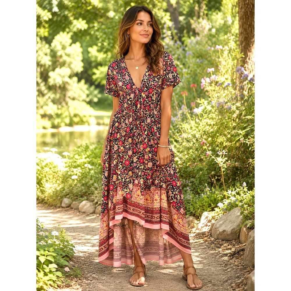 Bohemianβ Floral Hi Low Maxi Dress Womens L Front Tie Smocked Beachy NWT
